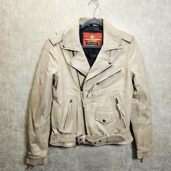 Cream Leather Motorcycle Moto Jacket Eagle Leather - Picture 2 of 12